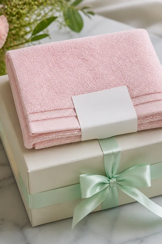 A folded light pink hand towel placed on top of a gift box, with a white sticker label centered on the towel edge and pale mint ribbon tied around the box.
