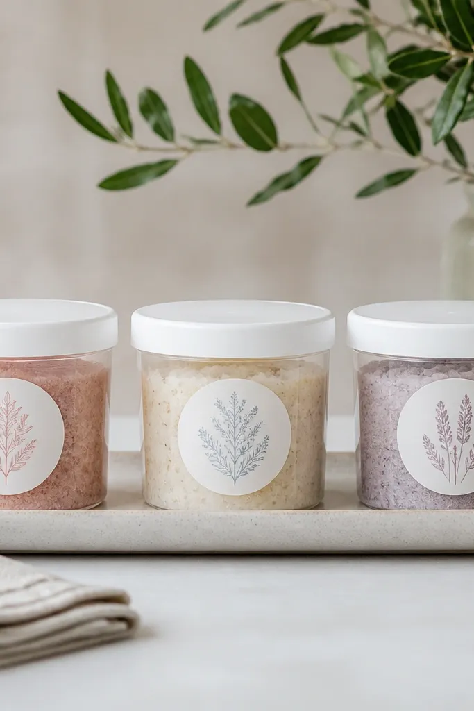 Three small clear plastic tubs with matching white lids lined up on a tray, each labeled with a round white sticker and pastel ink.