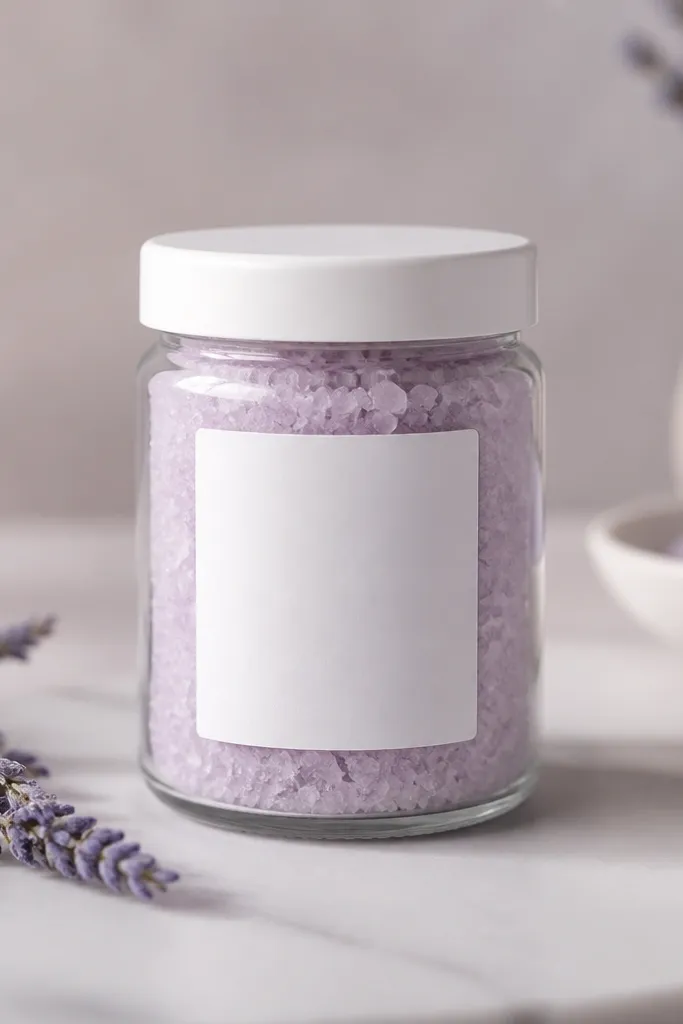 A small glass jar filled with pale lavender bath salts, capped with a white lid, with a rectangular label straight and centered.