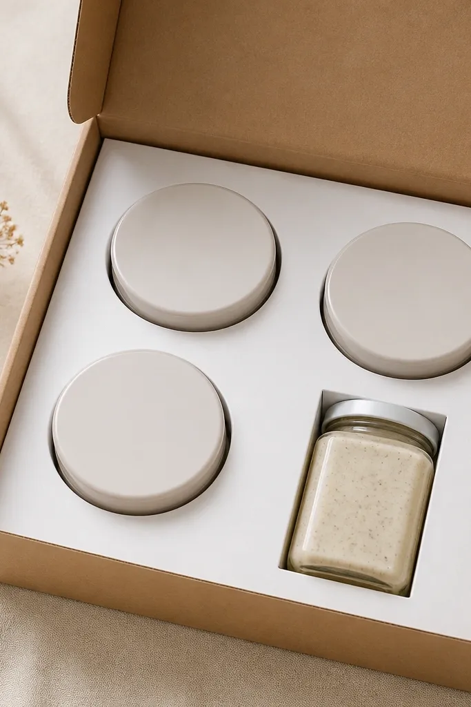 A small piece of white foam board cut to fit a gift box, with circular holes holding three tubs and a rectangular cut-out for a jar.