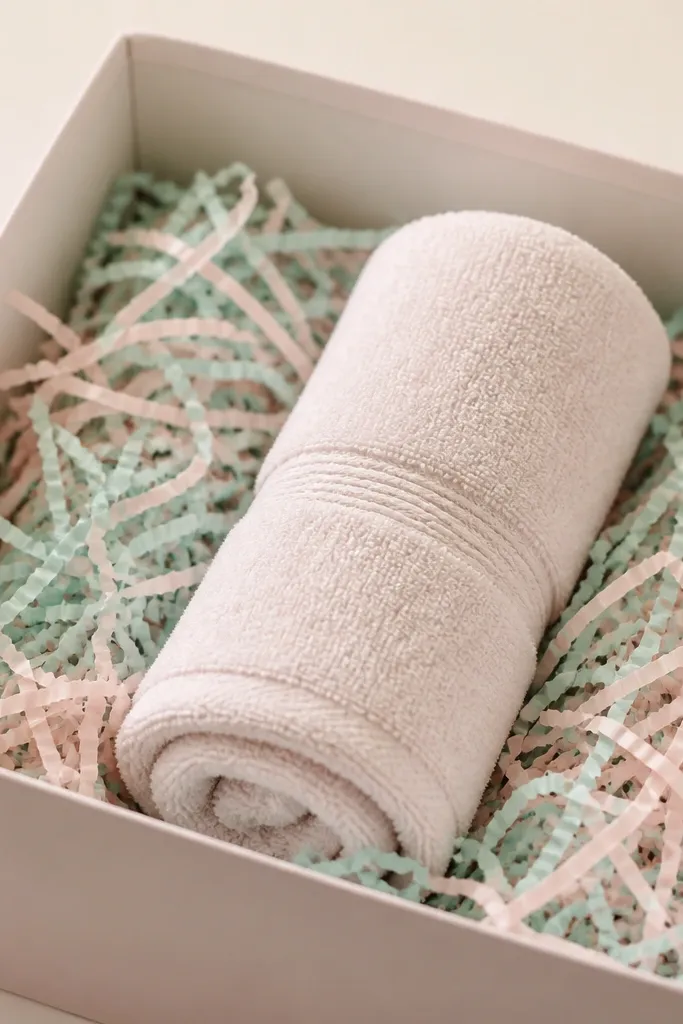 Shredded crinkle paper in mint and pale pink filling the bottom of a gift box like a nest, with a towel roll sitting on top.