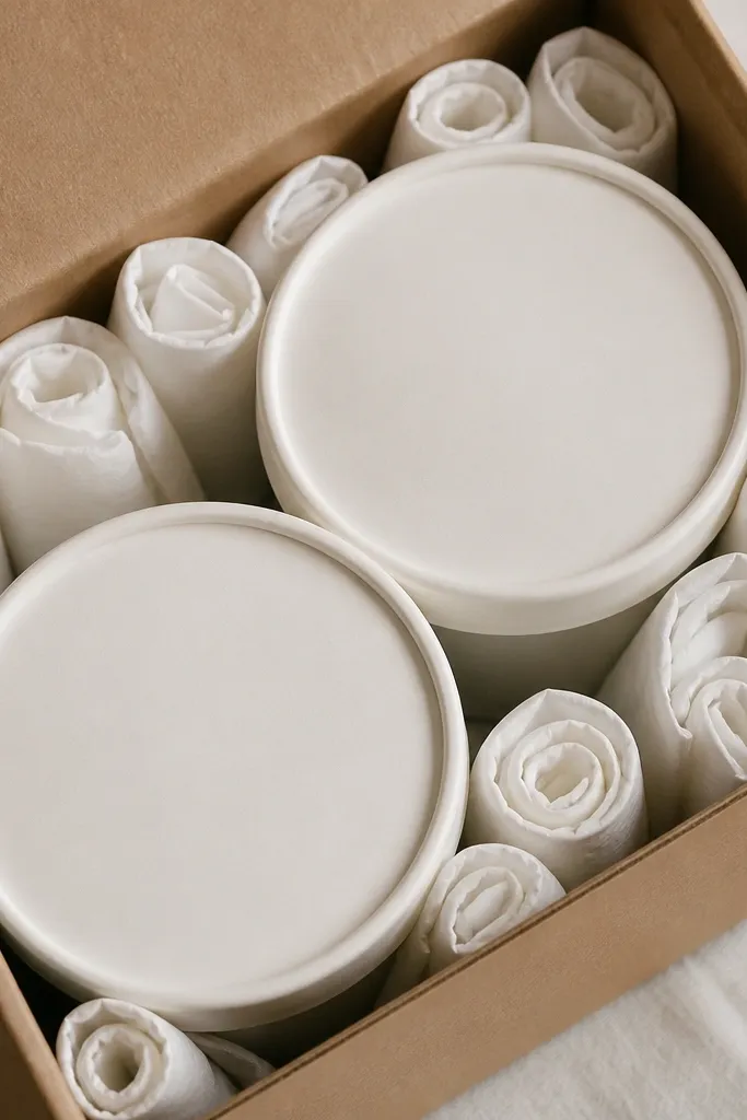 White tissue paper rolled into small cylinders and tucked along the side walls of a box, holding tubs in place.