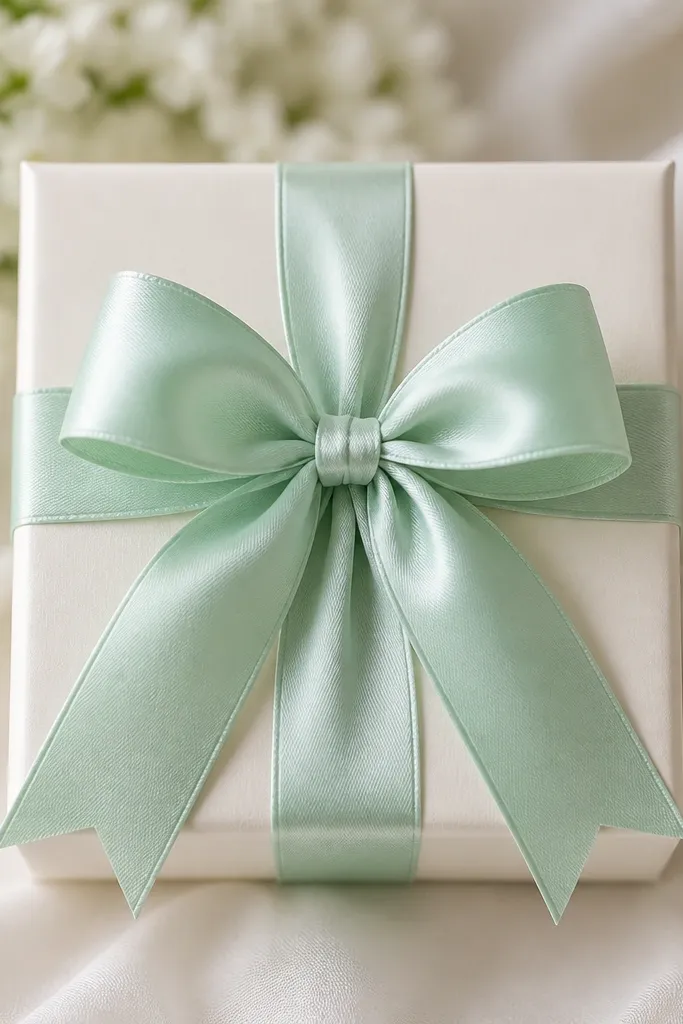 A mint satin ribbon tied into a centered bow on top of a gift box, with tails falling evenly on both sides.