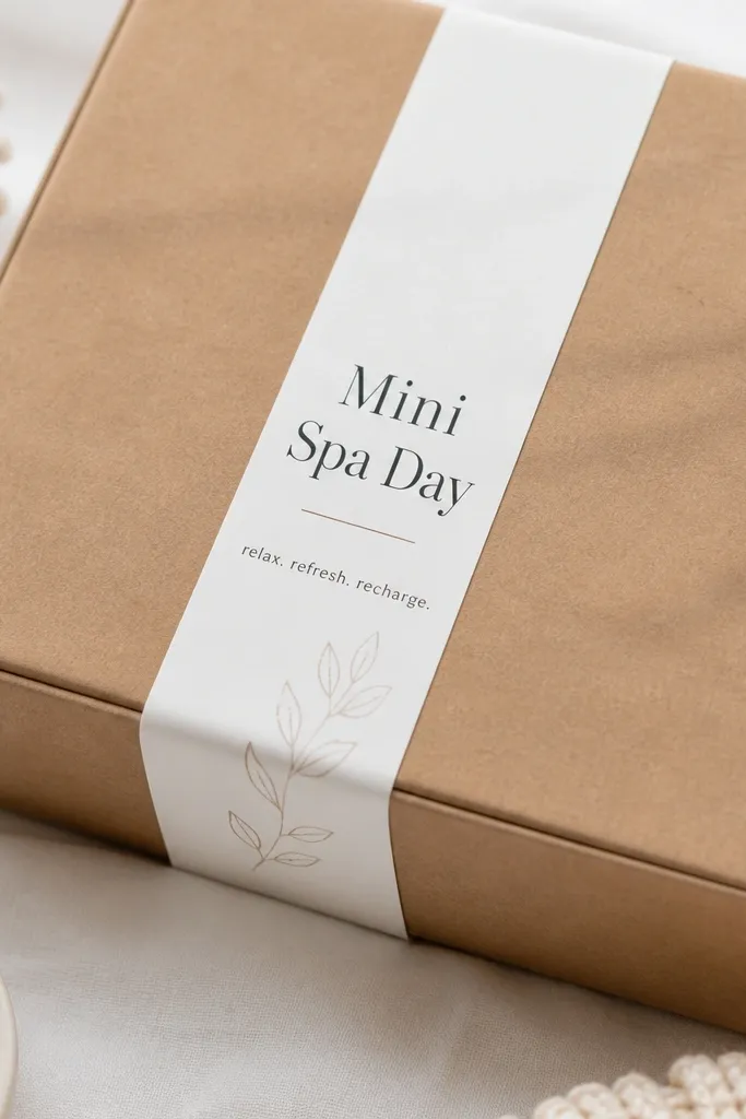 A narrow strip label reading 'Mini Spa Day' placed across the front of a box, with smaller text below and a clean white background.