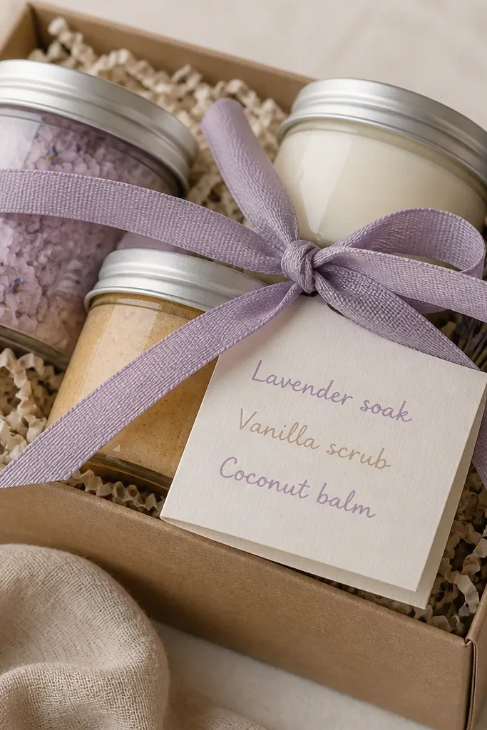A small folded card with three lines listing 'Lavender soak, Vanilla scrub, Coconut balm' in matching pastel ink, tucked under the ribbon.