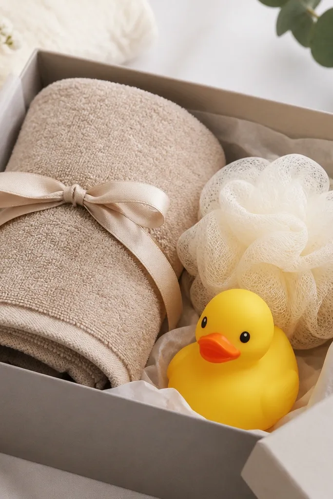 A small mesh bath pouf and a cute rubber duck placed next to the towel roll inside the gift box.