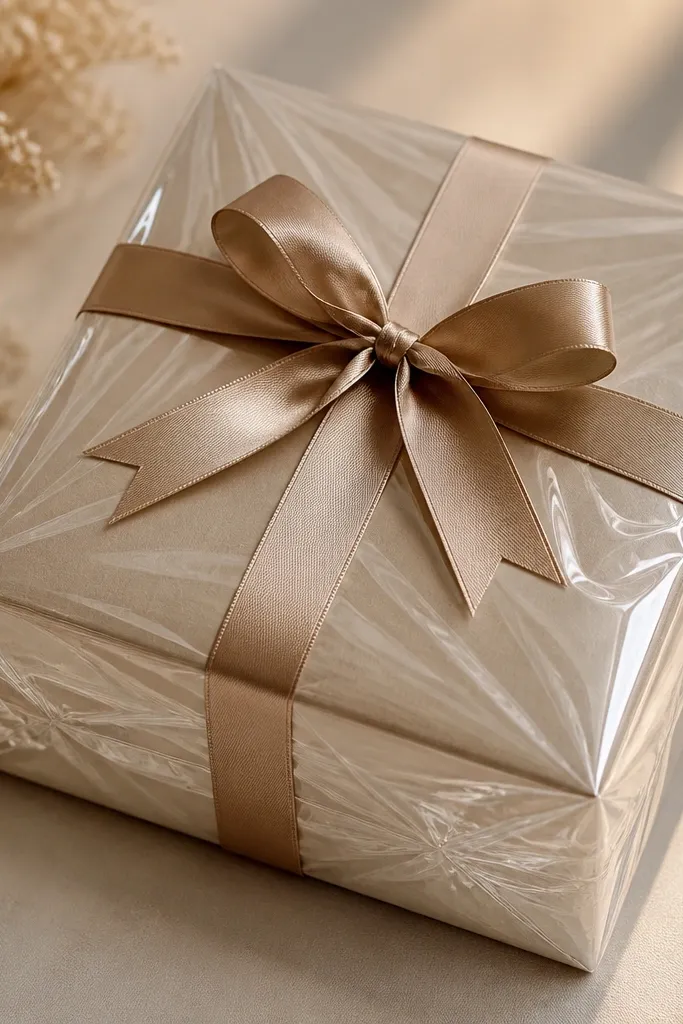A clear cellophane wrap pulled tight over a gift box, with the ribbon bow still visible and the edges neatly tucked underneath.