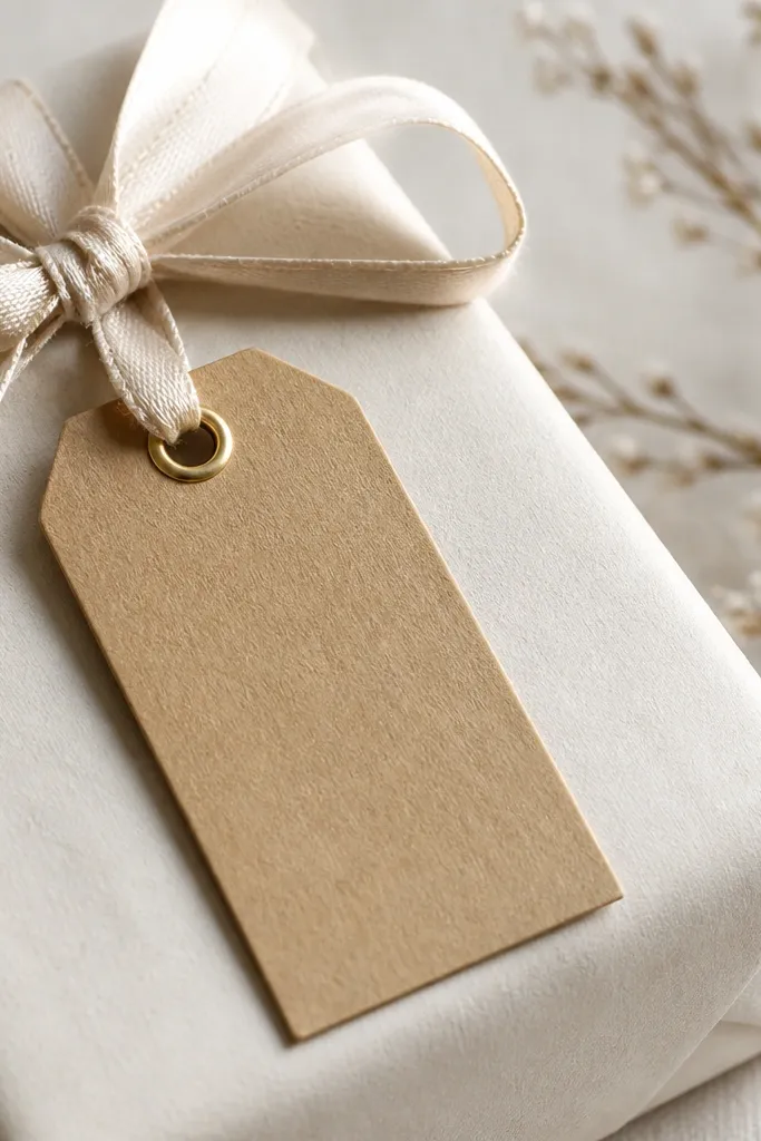 A kraft paper gift tag with a punched hole reinforced by a small metal eyelet, tied to a ribbon with a short loop.