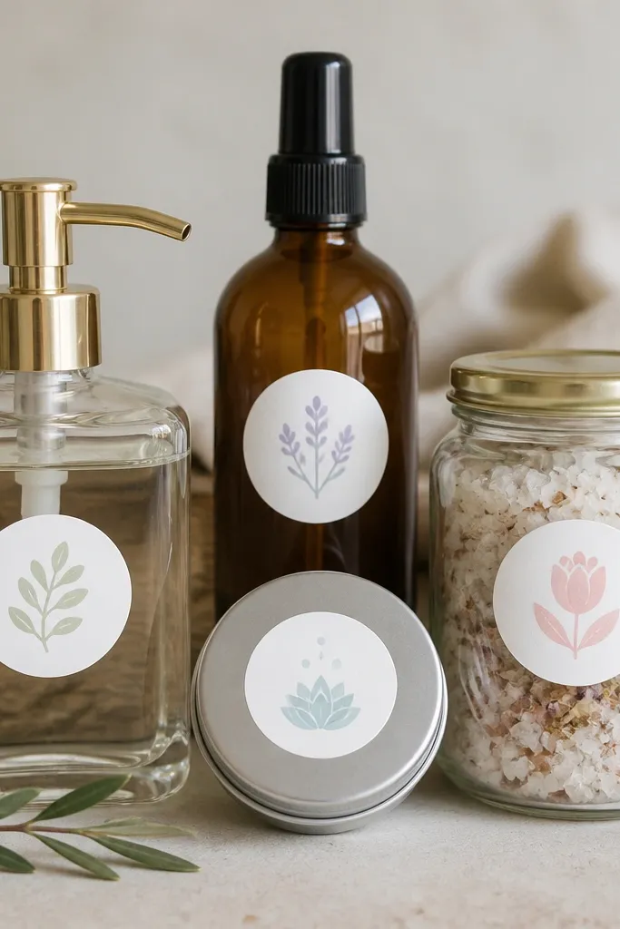 Four small round labels on different containers, all in the same style: white background, pastel ink, and matching icons.