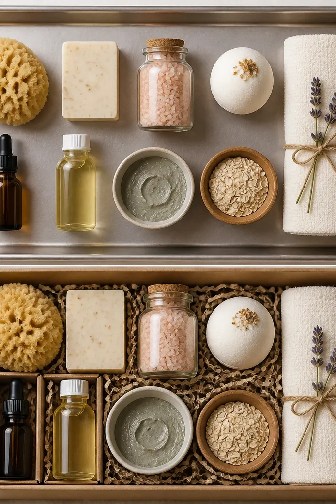 A baking tray used as a workspace with all spa items laid out in rows, then transferred into the box with measured spacing.