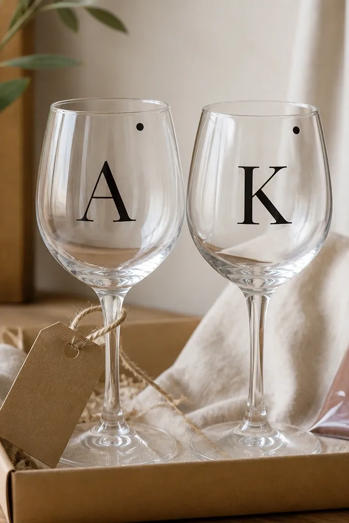 Two clear wine glasses on a kraft paper tray. Each glass has a single-letter monogram in matte black vinyl centered on the bowl, with a small matching black vinyl dot near the rim. A kraft gift tag hangs from a twine loop, and there's a mini packet of cocoa beside the glasses.