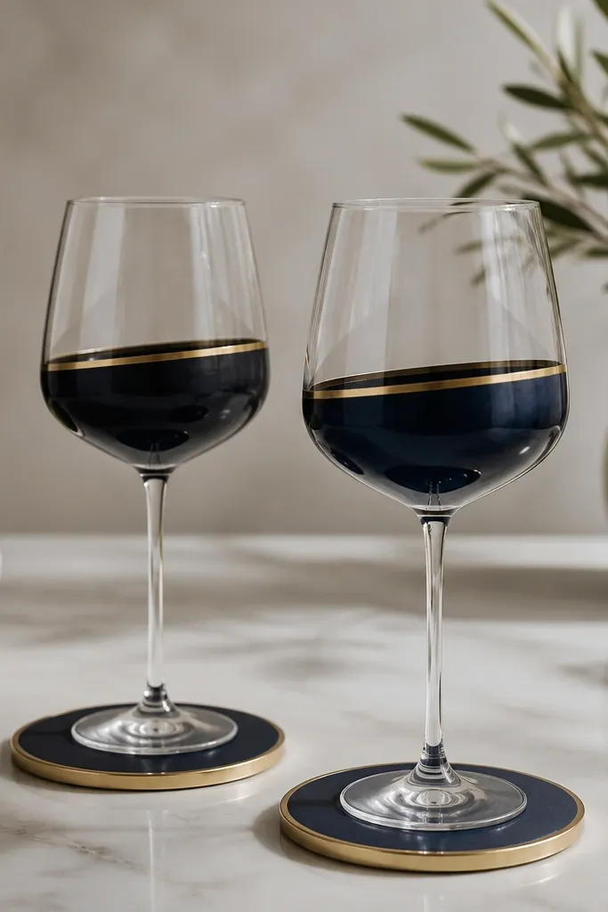 Two wine glasses with a navy stripe painted around the lower half of each bowl. The stripe is slightly thicker at the front, and a thin gold line runs just above it. There are two small navy-and-gold coasters in the same style.