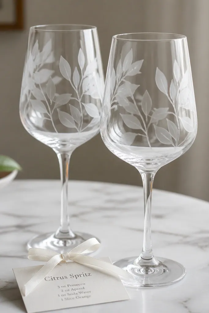 Two wine glasses with frosted-looking leaf silhouettes on the bowl. The rest of the glass is clear, and the leaves fade slightly at the edges like real etching. A white ribbon holds a small recipe card that says "Citrus Spritz".