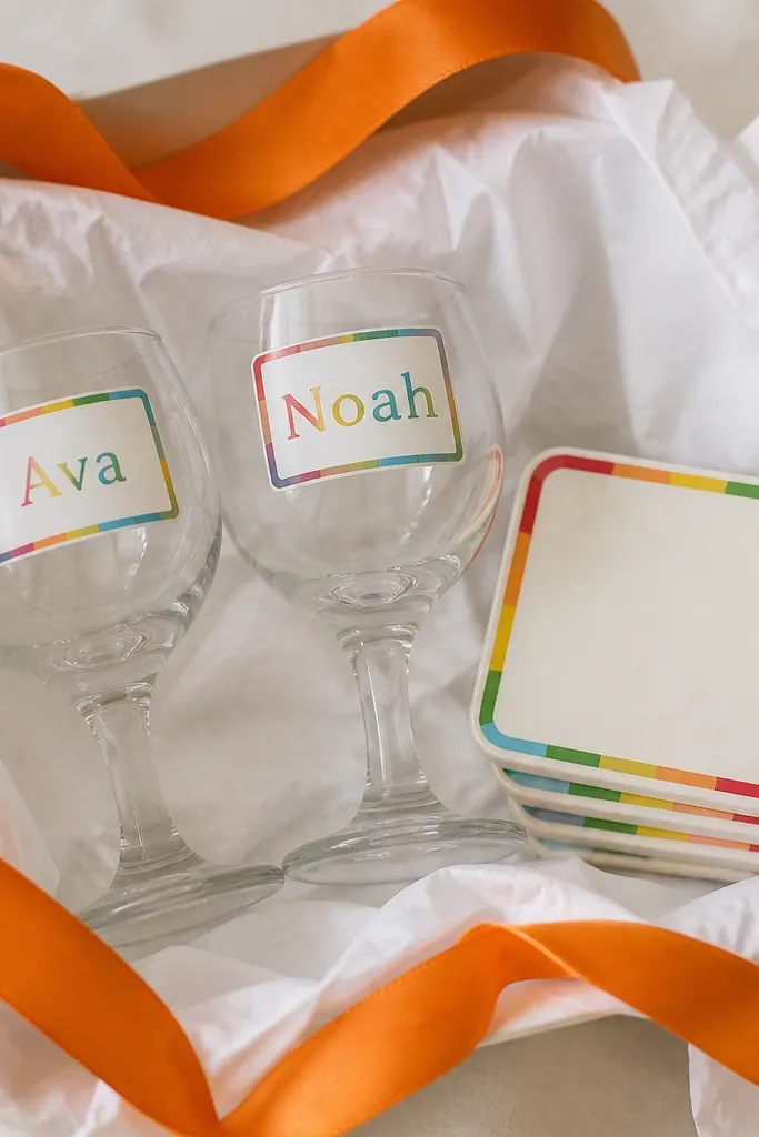 Two small wine glasses with clear sticker labels on the bowl reading "Ava" and "Noah" in rainbow letters. Next to the glasses is a stack of four mini square coasters with the same rainbow border. The gift wrap is simple white tissue with a bright orange ribbon.