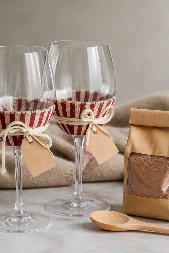 Two wine glasses wrapped at the bowl base with a fabric band in red and cream stripes. A small tag hangs off a ribbon. Beside the glasses is a mini bag of hot chocolate powder and a wooden spoon with a painted stripe at the top.