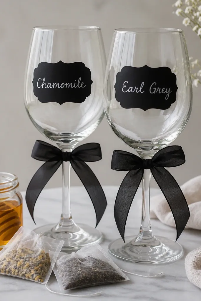 Two wine glasses with small chalkboard-style label stickers on the bowl. The labels read "Chamomile" and "Earl Grey" in white script. There's a mini jar of honey, two tea bags, and a black ribbon around the stems.