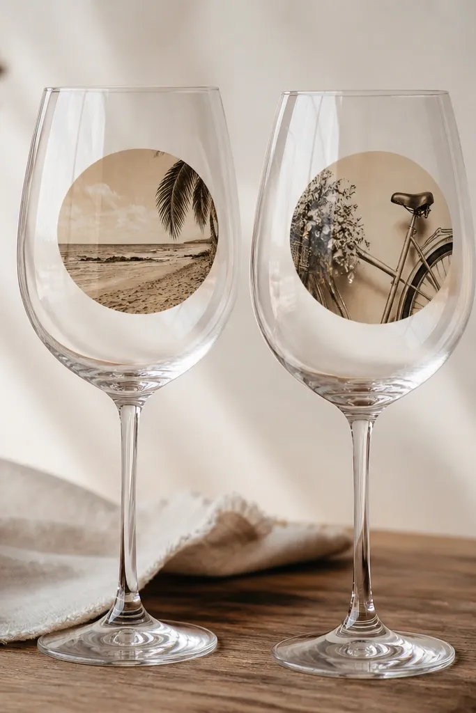 Two wine glasses with a small sepia photo circle on each bowl. The photos show a beach scene and a bicycle detail, with a soft faded edge. A clear acrylic topcoat makes the photo look glossy and protected.