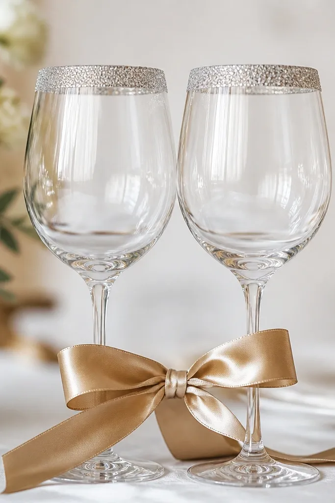 Two wine glasses with a thin glitter band only on the rim area. The rest of the bowl stays clear. The glitter is silver and catches light, and the glasses are tied with a champagne-gold ribbon.
