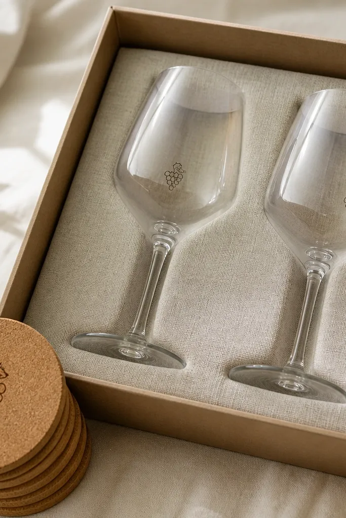 Two wine glasses with a small side decal near the lower bowl - a simple line icon like a wine grape. Under them is a set of cork coasters with the same line icon burned into the center. The gift box has a linen insert.