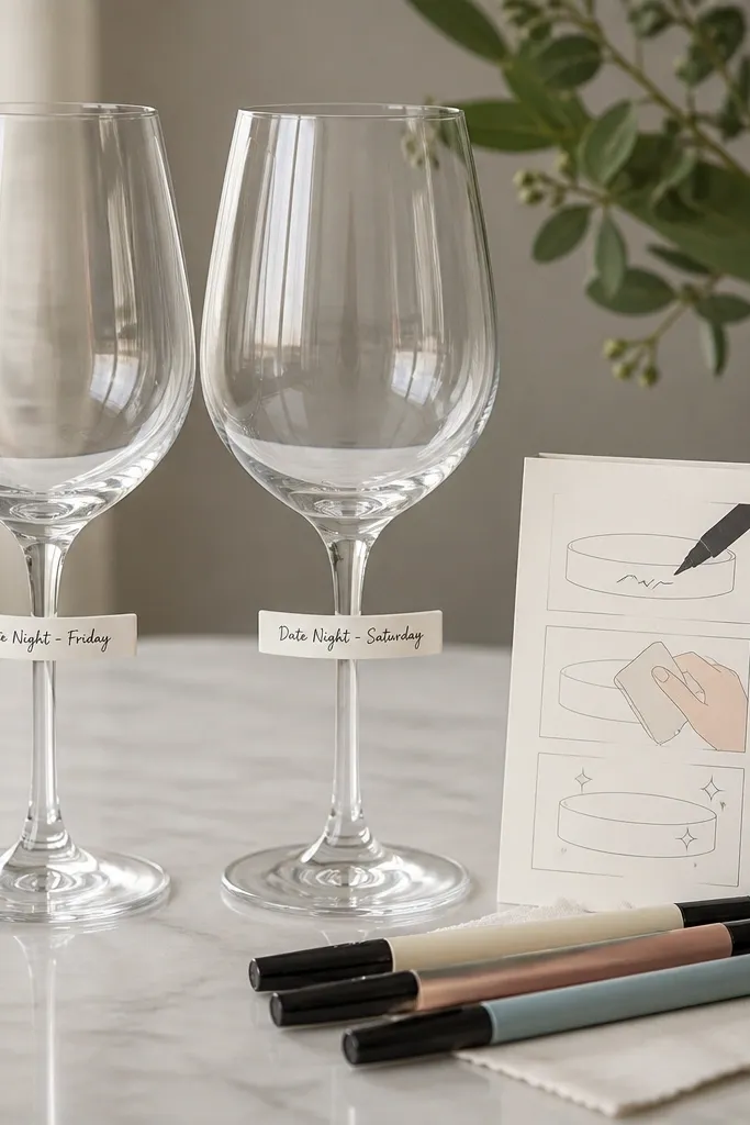 Two wine glasses with removable label strips on the stem area. The labels say "Date Night - Friday" and "Date Night - Saturday". Beside the glasses is a small set of reusable glass marker pens and a card explaining how to write and wipe.