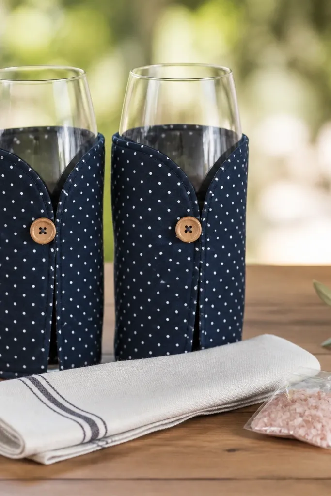 Two wine glasses inside a handmade fabric sleeve each, like mini bottle holders. The fabric is navy with tiny white dots. Each sleeve closes with a small wooden button. There's a folded picnic napkin and a small packet of flavored salt.