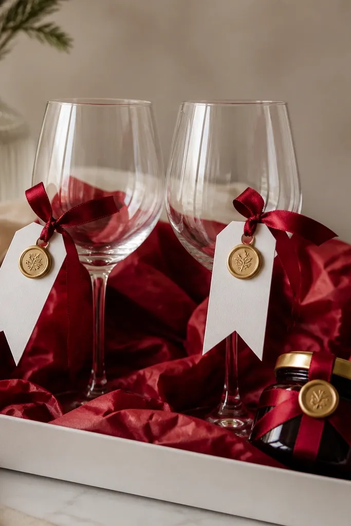 Two wine glasses with plain decoration, but the gift has dramatic ribbon tags. Each tag is attached with a red ribbon and a small round wax-seal sticker in gold. The glasses sit on a white tray with red tissue paper and a small jar of jam labeled with the same gold seal.