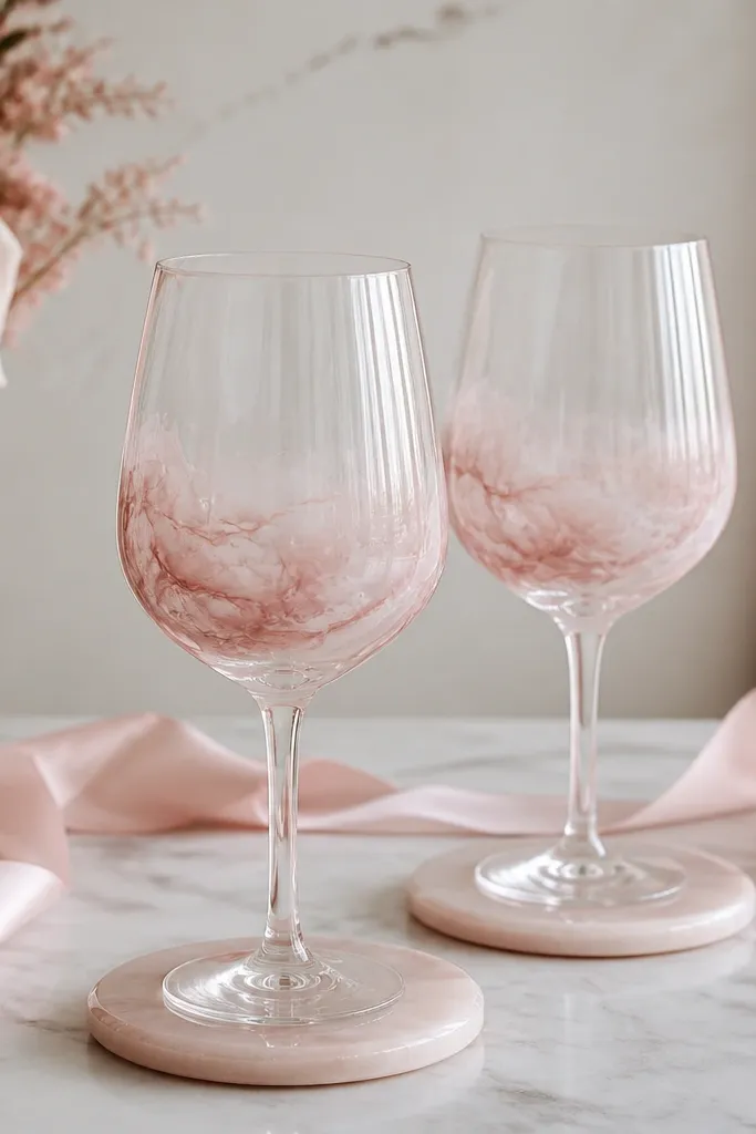 Two wine glasses with a soft marbled swirl on the lower bowl area. The swirl is done in muted blush pink, dusty rose, and a touch of white, fading outward like watercolor. The glasses are paired with blush coasters and a blush ribbon.
