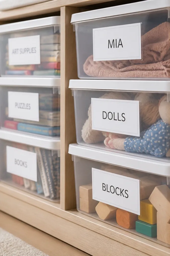 A row of clear-front storage bins with white labels that look printed, not handwritten. The labels are laminated and stuck on with straight edges; a child's name label sits on the top bin.