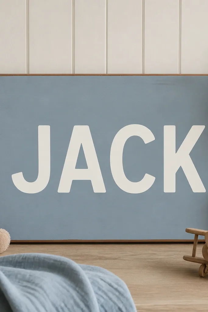 A hand-painted wooden board sign with a child's name in bold letters. The background is a soft muted blue, the letters are white heat-set vinyl, and the board has a thin wood stain edge.