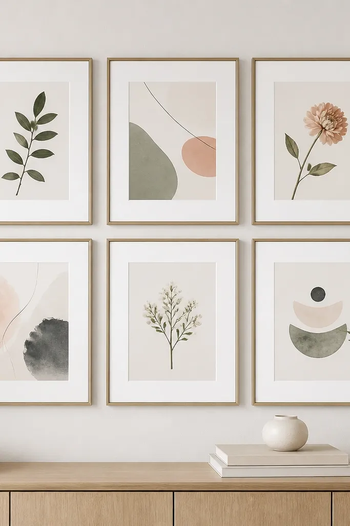 A neat gallery wall with six frames all the same size. The prints are mostly white with small bursts of color, and the frames are aligned in a clean grid with even spacing.