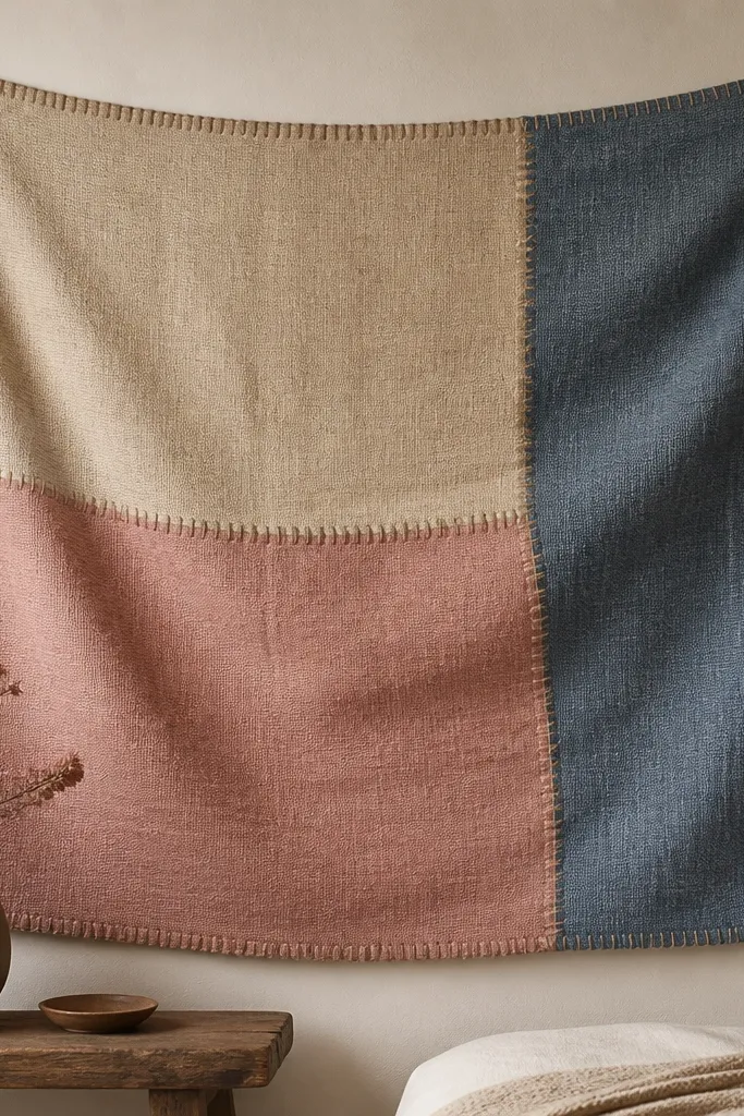 A wall hanging made from three different thrifted blankets sewn into a soft patchwork. The colors are muted: oatmeal, dusty rose, and faded denim blue, with a simple stitched border.