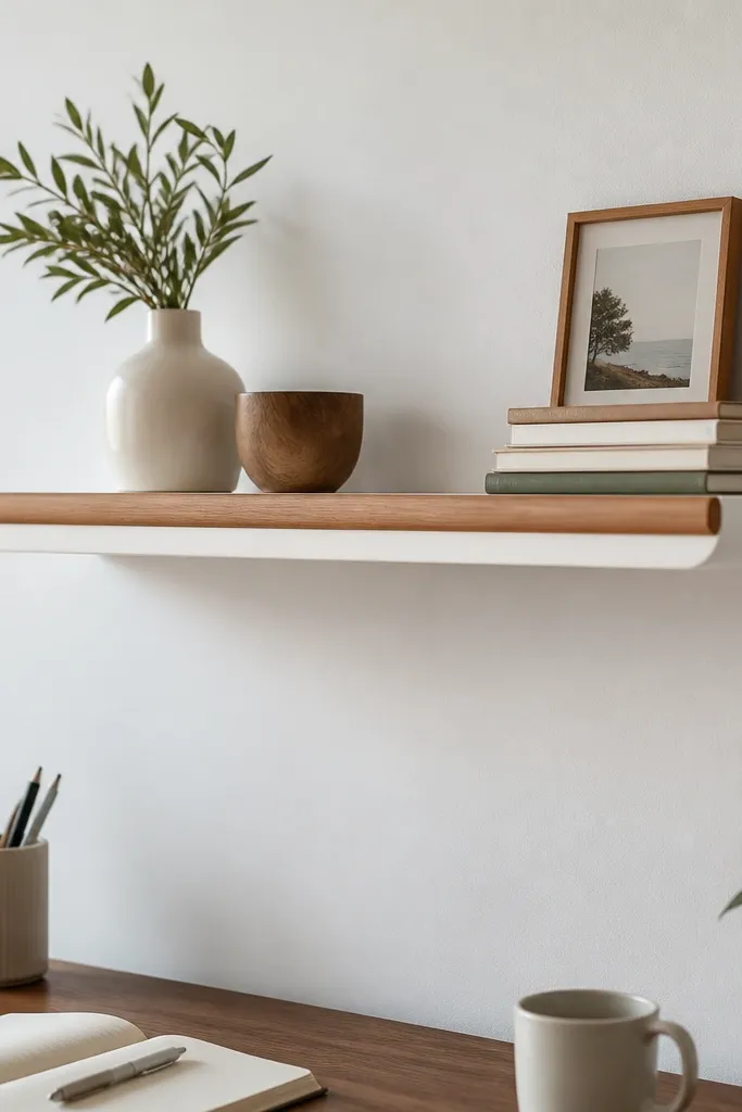 A small floating shelf painted white with a warm wood lip. The shelf has rounded edges and sits above a desk; two thick wall brackets are hidden behind the shelf.