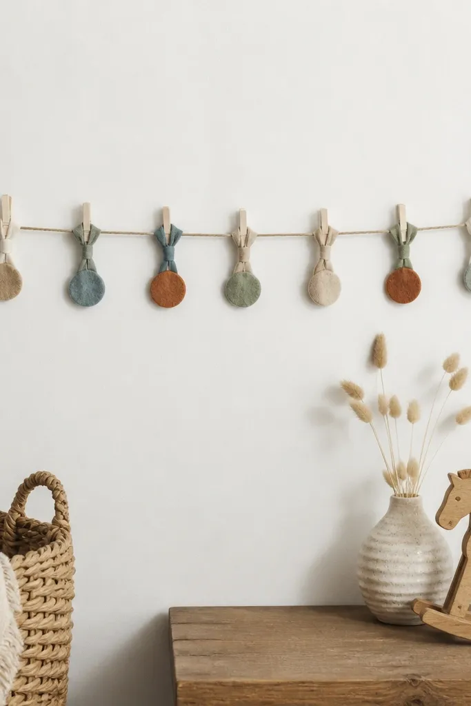 A simple rope garland across a wall with small fabric knots and felt circles. The garland is straight and evenly spaced, with small clip-on details.