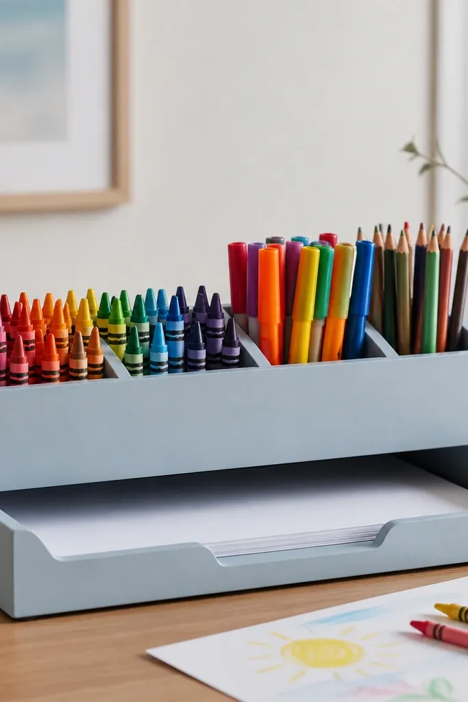 A small desk organizer made from a painted wooden base with compartments for crayons and markers. The finish is satin and smooth, and there's a removable tray for paper.