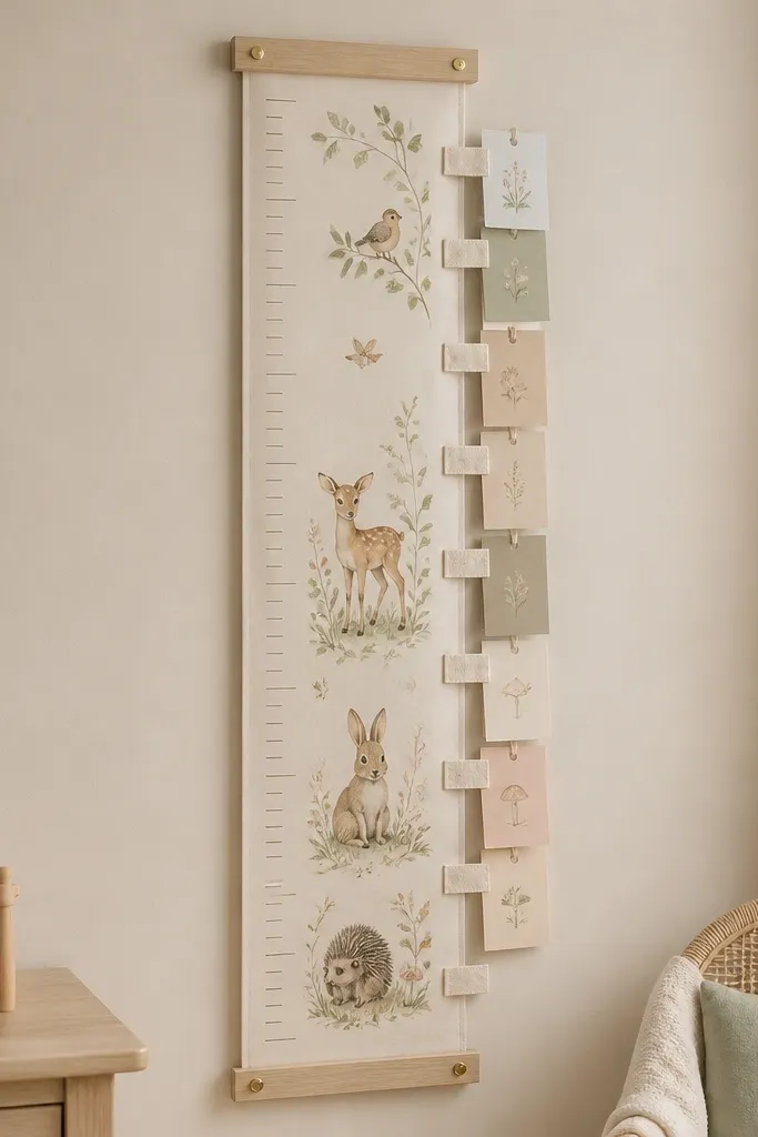 A vertical wall strip with a printed growth chart behind clear laminate. Small fabric clip tabs hold monthly prompts, and the strip is mounted with two picture rails.
