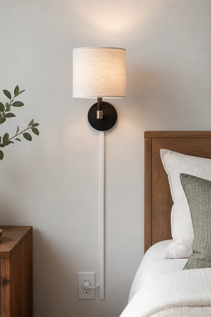 A DIY bedside wall light with a small fabric drum shade. The cord is hidden in a white cord cover that runs neatly along the wall to an outlet.