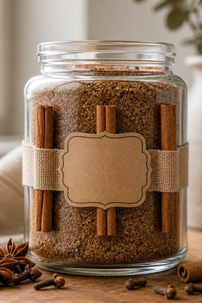 A clear glass jar filled with a brown spice blend, wrapped with a wide beige fabric ribbon band. Three cinnamon sticks are tucked under the band at equal spacing, and a kraft label sits centered on the jar with black ink.