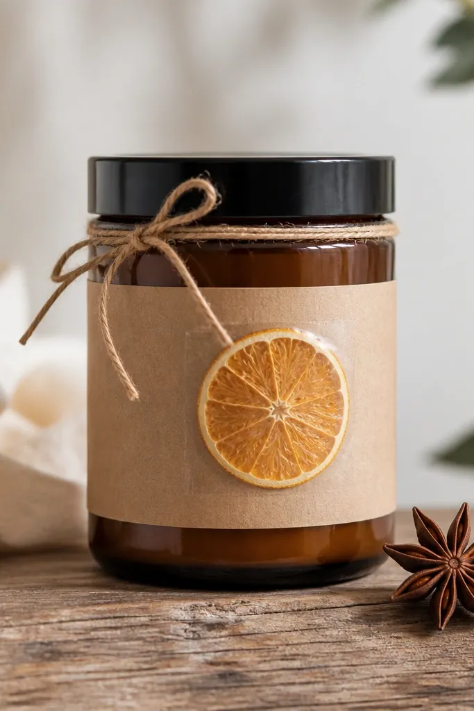 A jar with a kraft label that has a small circular orange peel pressed under a clear sticker. A single star anise sits beside the label, and the lid has a thin twine bow.