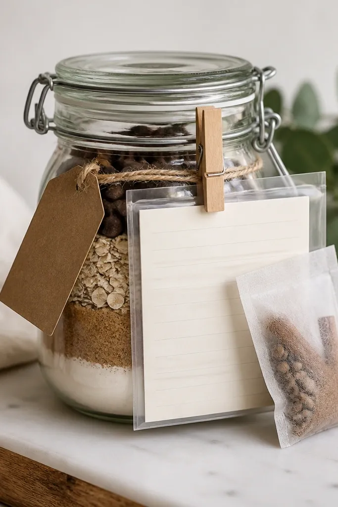 A small kraft card attached to a jar with a clear pocket sleeve containing a recipe card. The pocket sleeve is clipped with a wooden clothespin, and a mini sachet of spices sits beside the card.