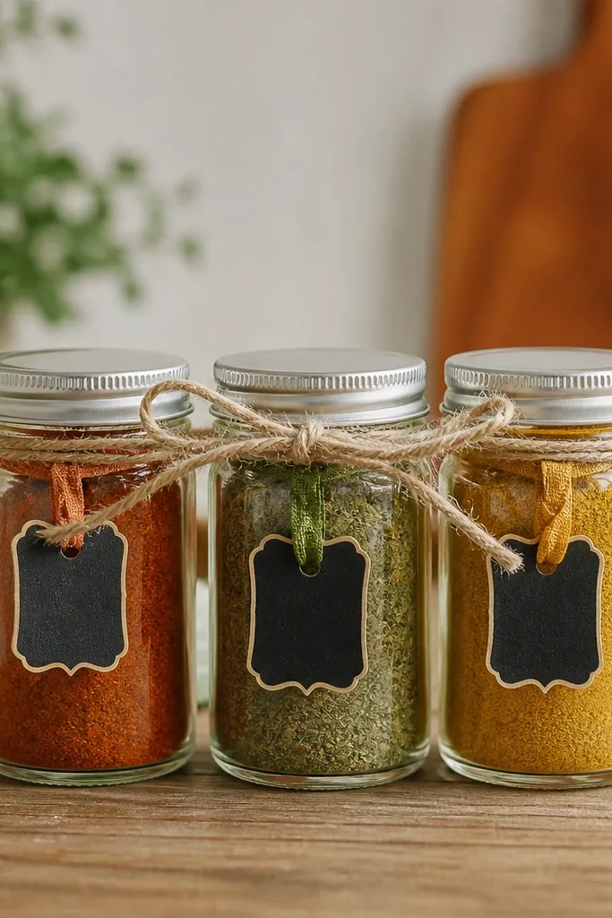 Three small jars on a table, each with a different spice blend color. They're tied together with twine and each jar has a small chalkboard tag attached with a matching ribbon.