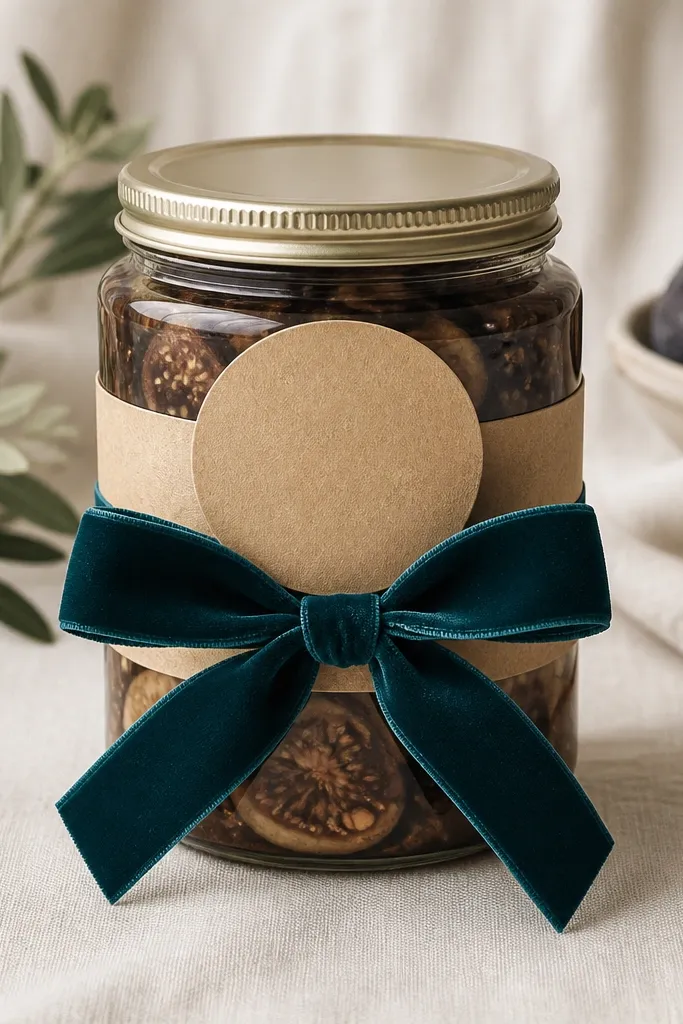 A jar wrapped with a kraft paper band around the midsection. On top sits a dark teal velvet-look ribbon bow, and the kraft label is centered above the bow.