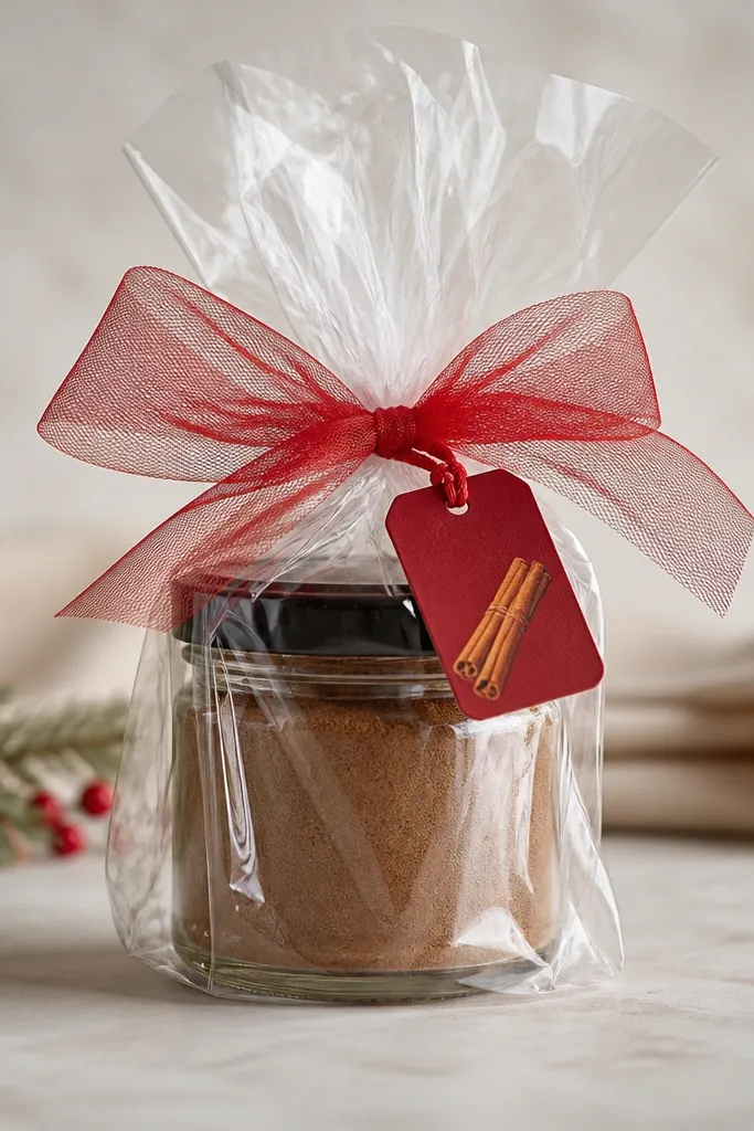 A jar inside a clear cellophane sleeve tied with red tulle at the neck. A small red tag with a cinnamon stick icon hangs from the tie.