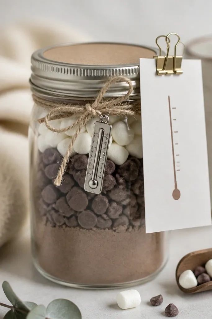 A jar gift set with a small metal thermometer charm clipped to the twine around the lid. The instruction card is printed with a simple temperature line and attached with a binder clip.