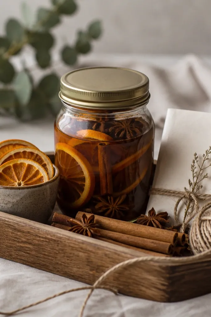 A small shallow wooden tray with a jar in the center, a small cup of dried orange slices to one side, and a folded recipe card on the other. Twine and cinnamon sticks are arranged around the tray.