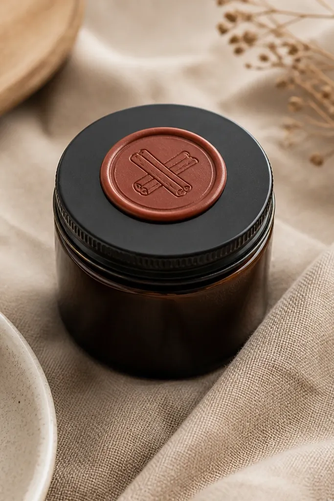 A jar with the lid closed and a round sticker that looks like a wax seal pressed onto the center of the lid. The sticker is red-brown with a small cinnamon icon.