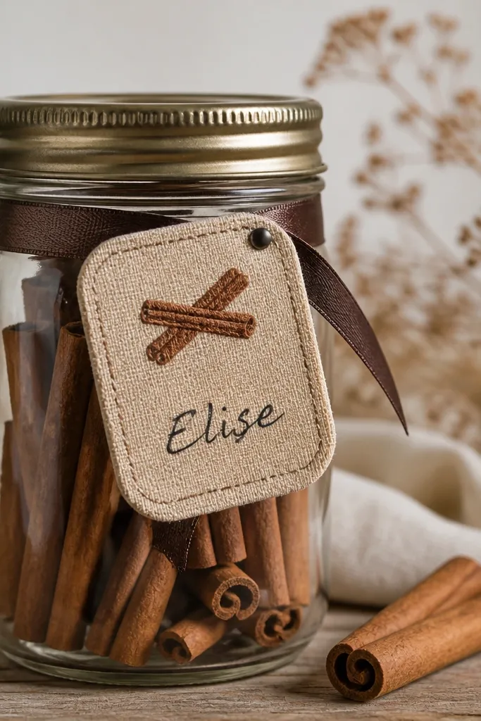 A jar with a fabric patch name tag pinned to a ribbon around the jar neck. The patch is tan with a small embroidered cinnamon icon and a handwritten recipient name.
