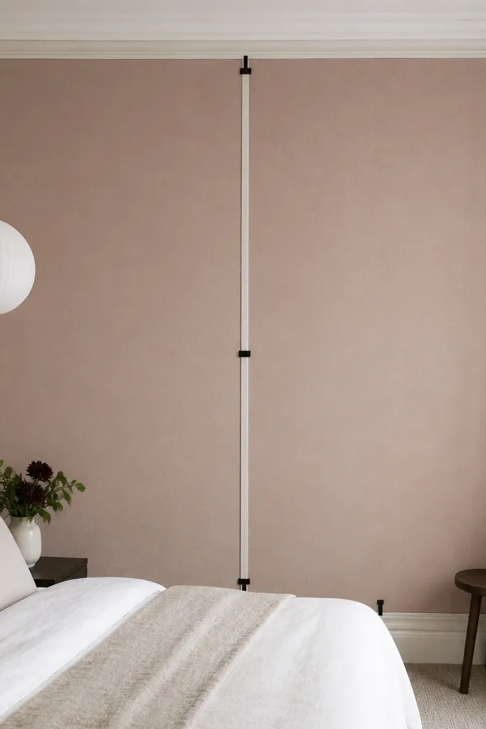 A bedroom wall covered in a smooth blush-beige fabric panel framed by thin white wood strips, with small black tension clips visible at the corners and edges.
