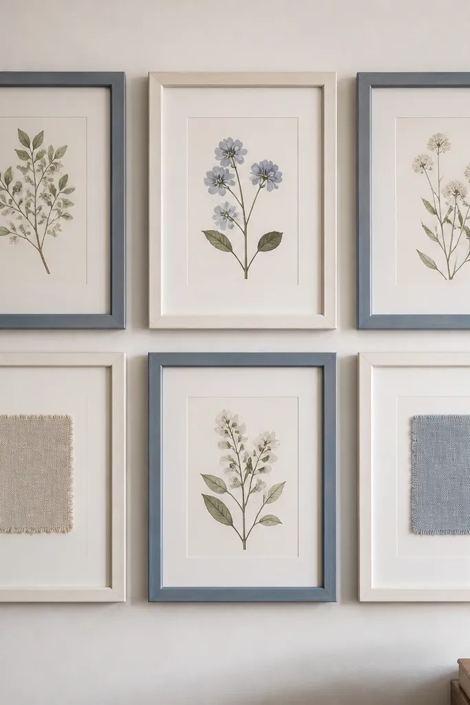 A wall with six frames arranged in a 3x2 grid: three in dusty blue frames and three in warm white frames, with botanical prints and two small fabric swatches behind glass.