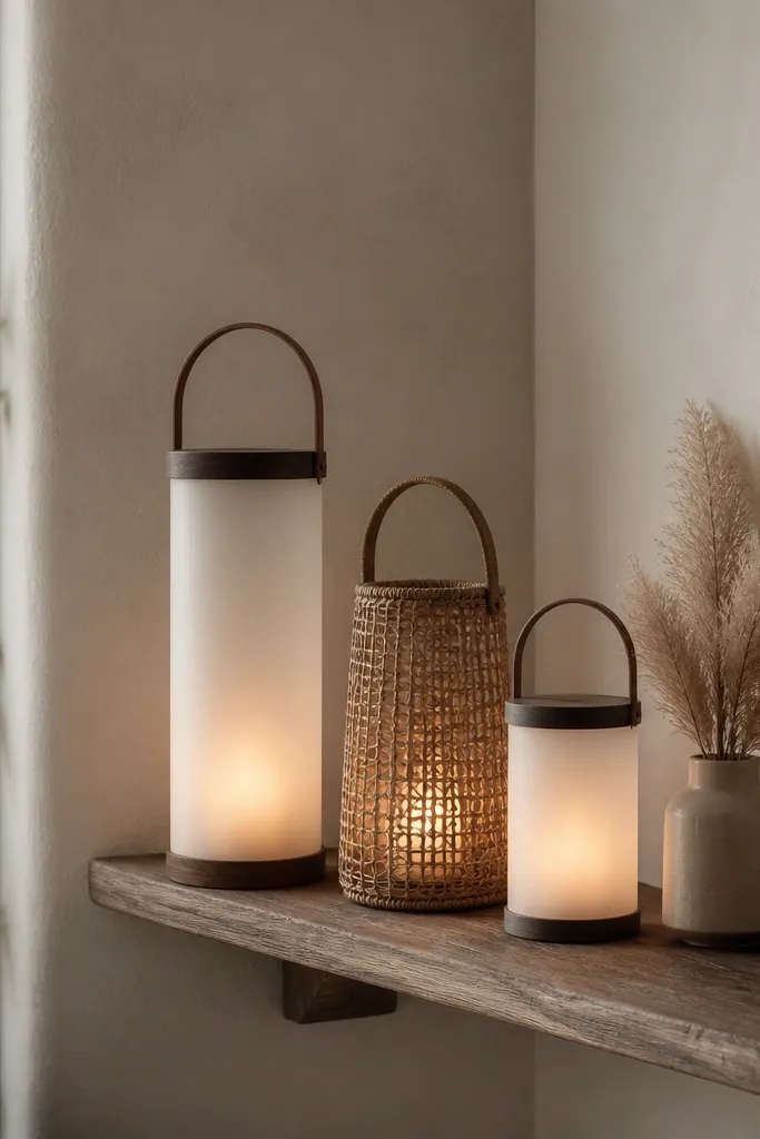A small corner has a narrow wood shelf with three lanterns of different heights, two in frosted glass and one in woven rattan, plus a tiny vase of dried pampas grass.