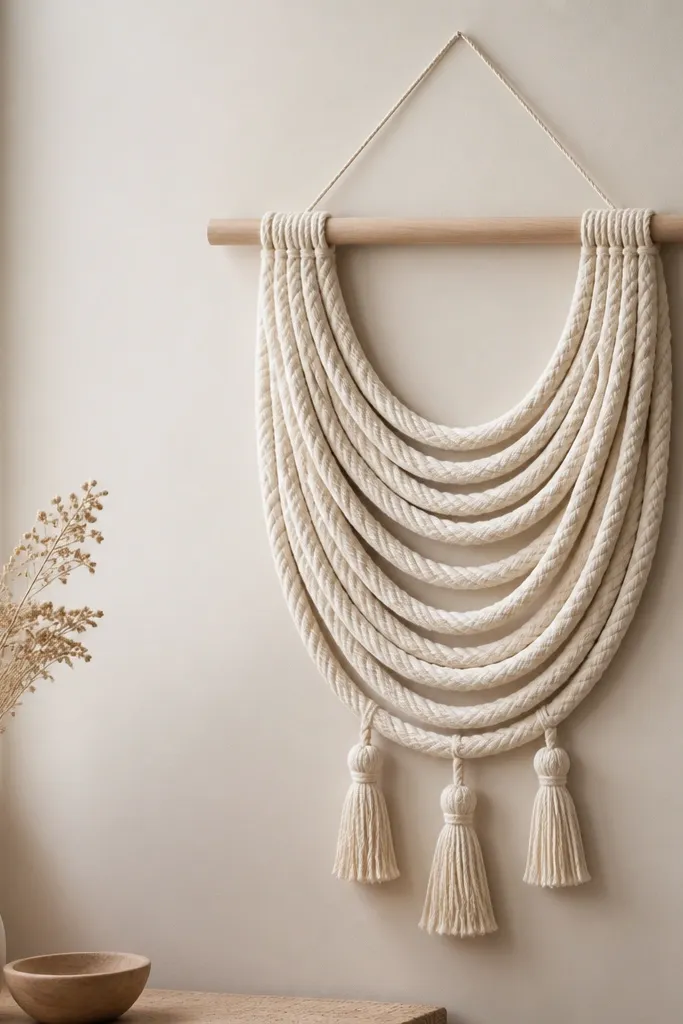 A simple wall hanging made from thick off-white rope draped in arcs, with a wooden dowel at the top and three short rope tassels at the bottom.